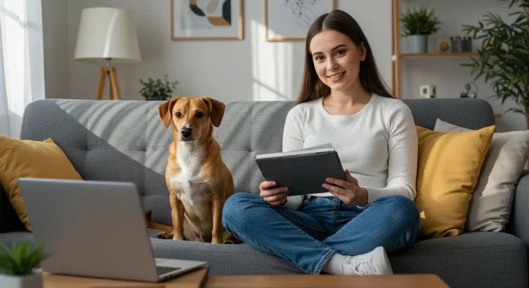 Tutora com cachorro mostrando o manual digital de adestramento em casa