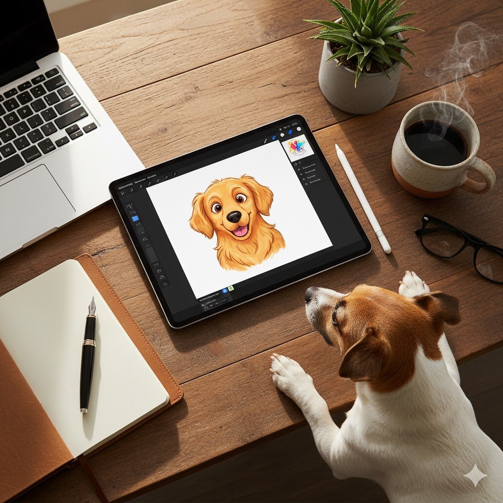 Cãozinho deitado ao lado de tablet com desenhos de cães e caderno de anotações