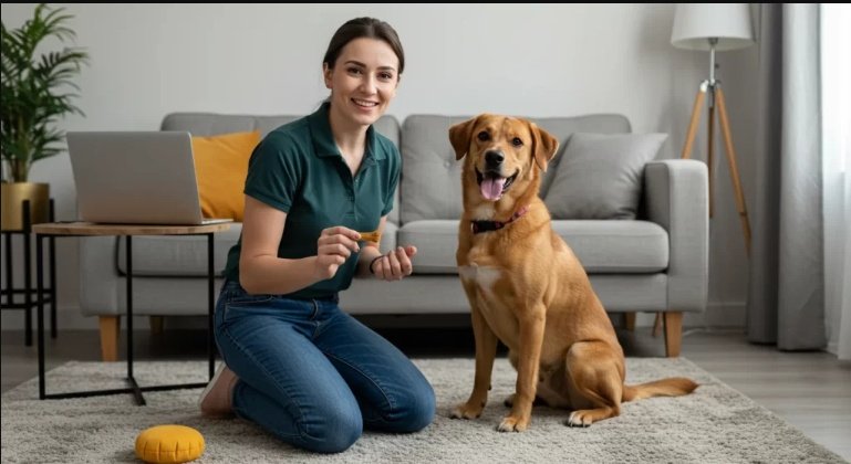Tutora treinando seu cãozinho na sala, reforço positivo e rotina clara
